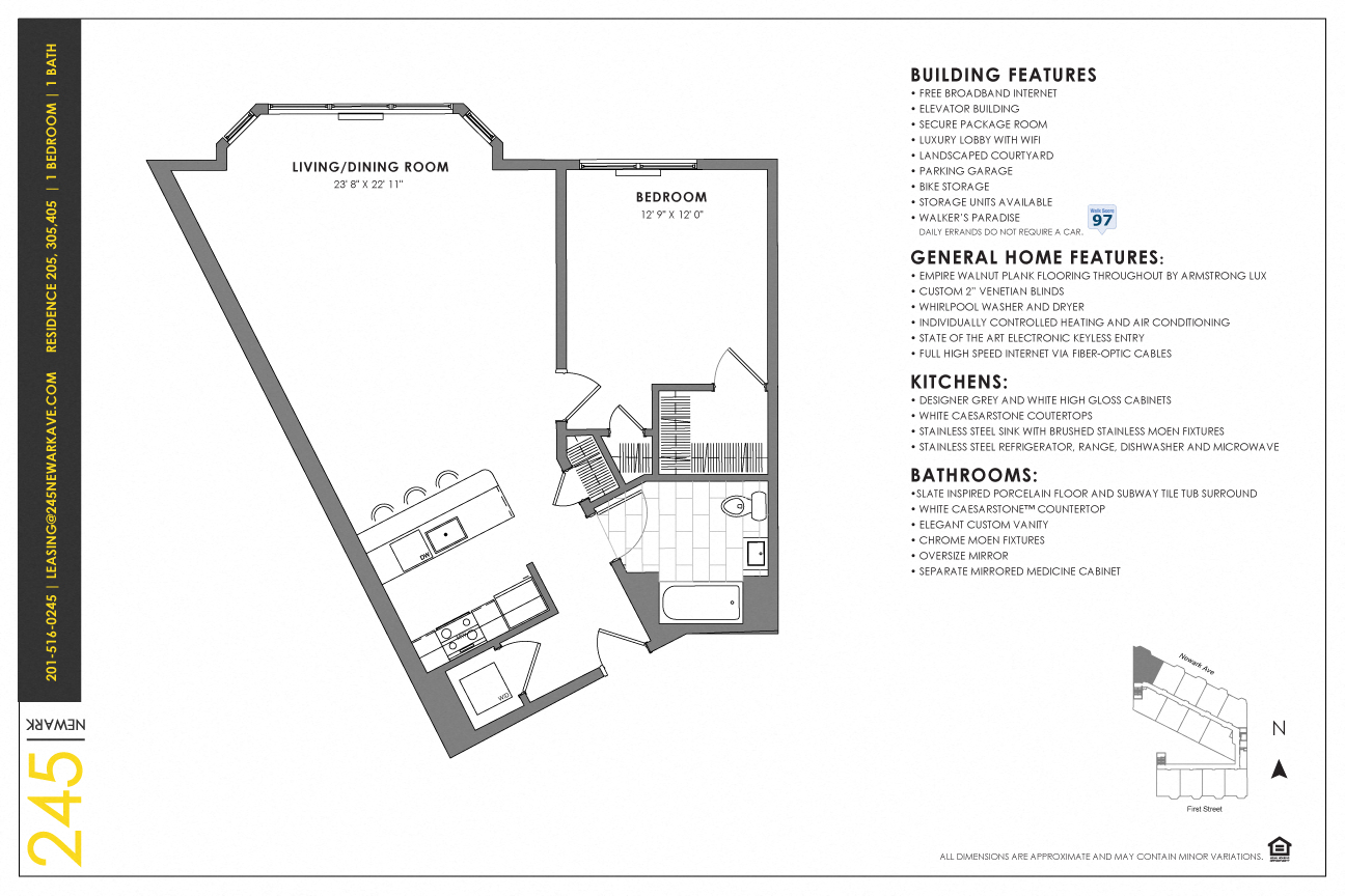 Floor plan for 1 bed, 1 bath, 865 sqft